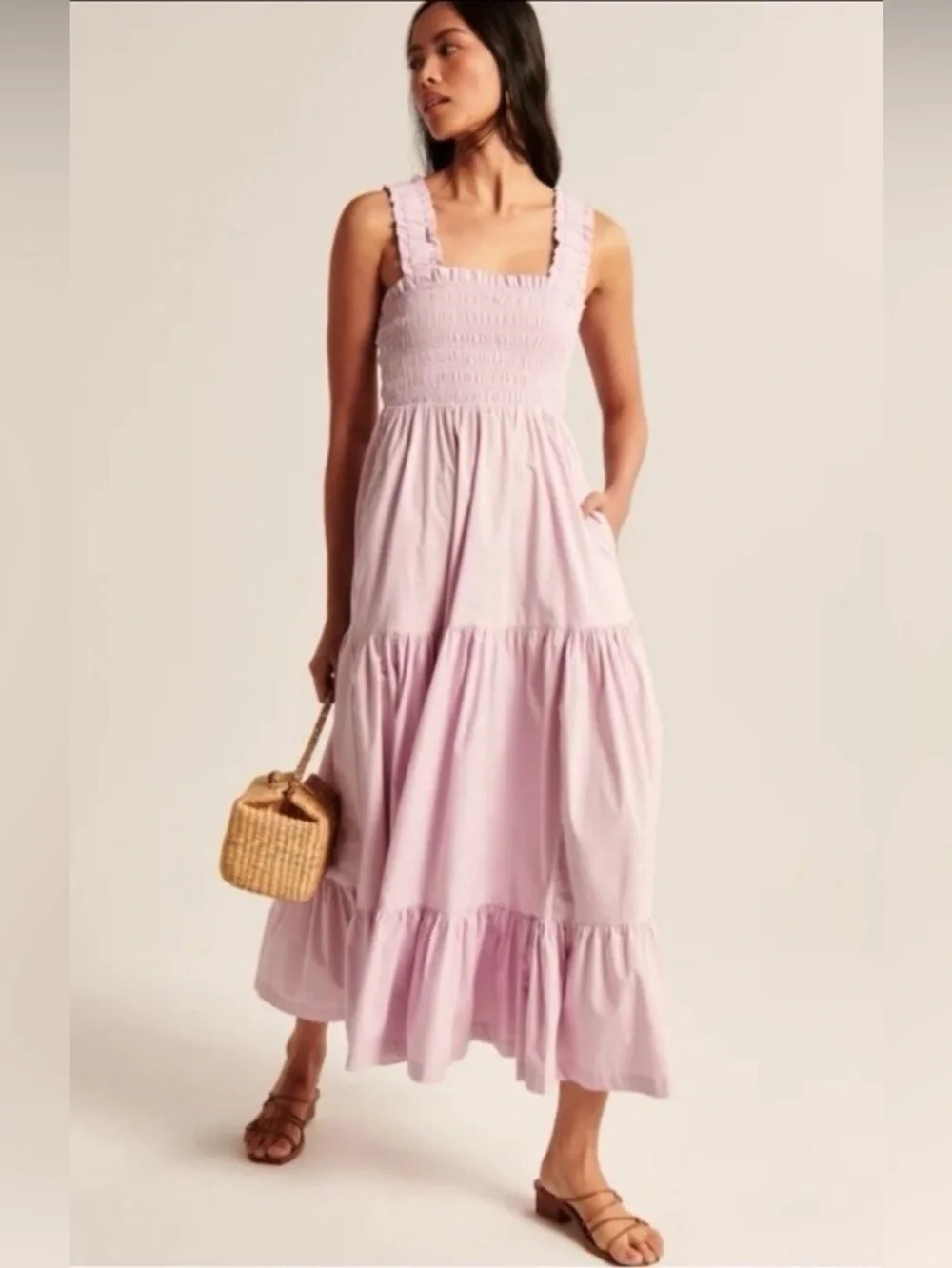 Abercrombie & Fitch Lavender Lilac Smocked Tiered Maxi Dress Pockets Cottagecore